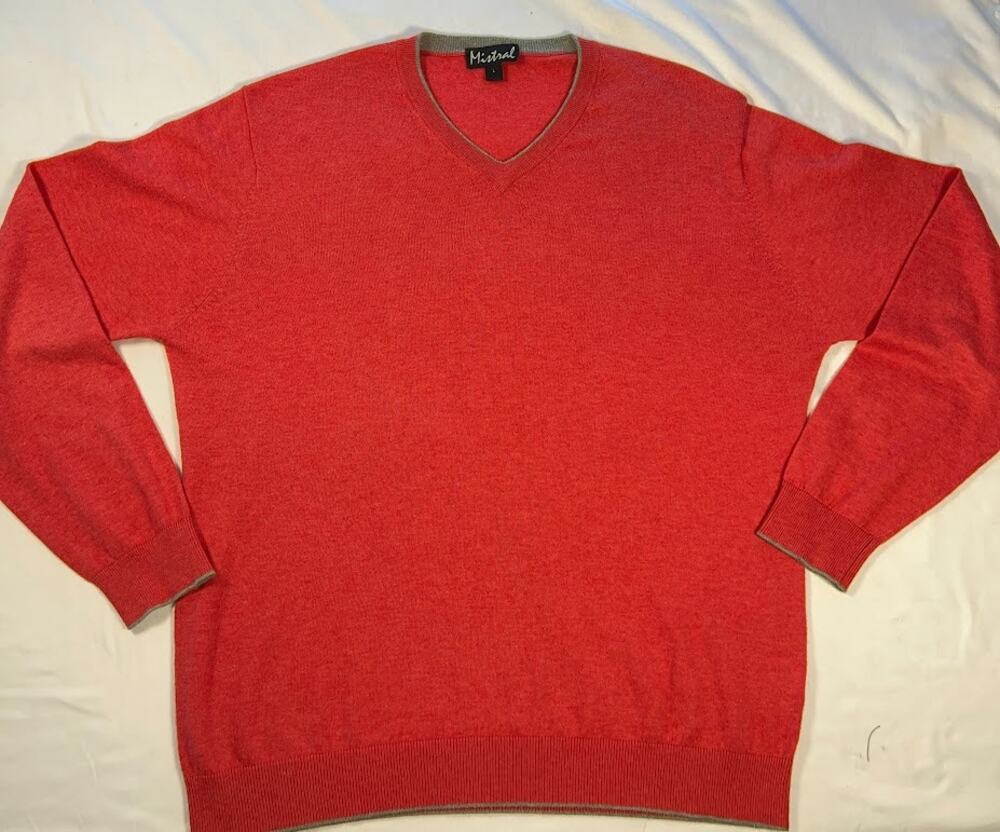Mistral Red Orange Cashmere Cotton Blend Contrast Trim V-Neck Sweater Men's L